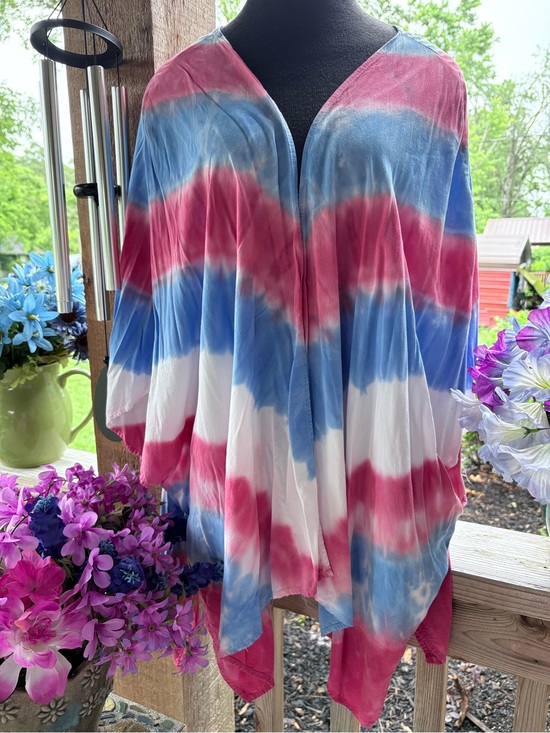 Mm Mm Mm Sweaters - Mm Mm Mm Tie Dye Red White Blue Flowy Open Front Kimono Cardigan or Cover M
